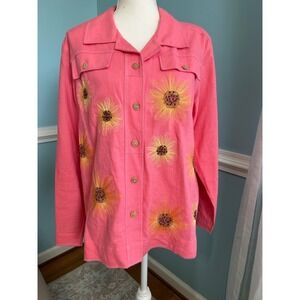 Kelly Scott Coral Linen Blend Sunflower Embroidered Beaded Shirt Jacket Large